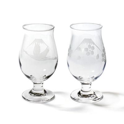 Kobo Official Direct Edo Kiriko Blossom Beer Glass Pair Comes In a Cosmetic Box Made In Japan [Taimuro Sales] Mt.Fuji Crane/Cherry (Transparent)