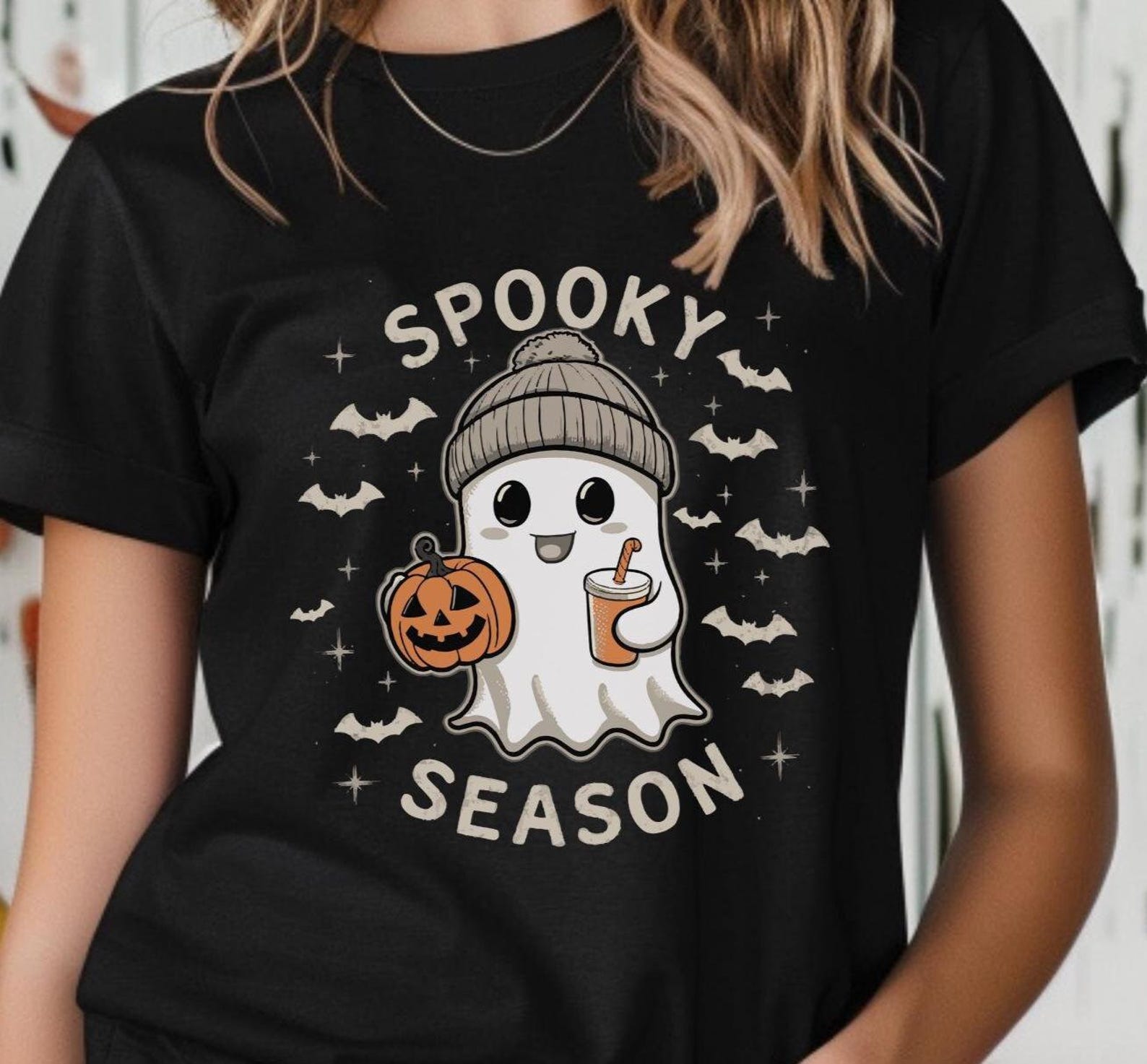 Spooky Season Ghost Shirt Cute Halloween T-Shirt for Fall Lovers Kawaii Ghost Graphic Tee Fun Halloween Party Outfit S