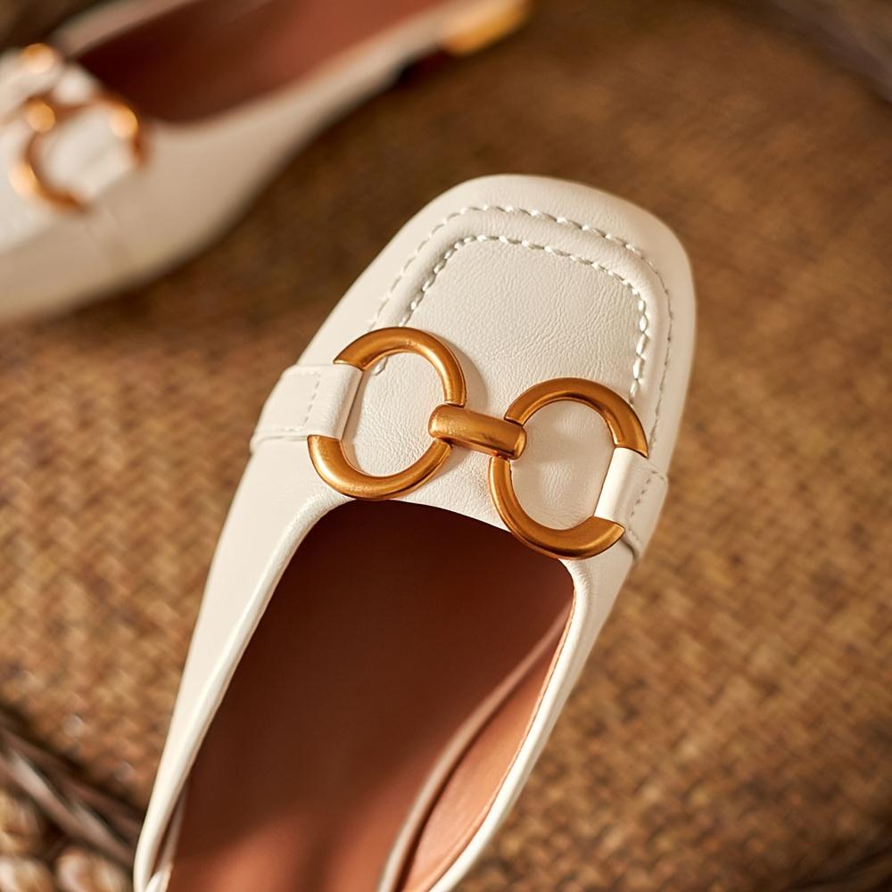 Women's Metallic Buckle Mules, Stylish Square Toe Slip On Flat Shoes, All-match Backless Loafers