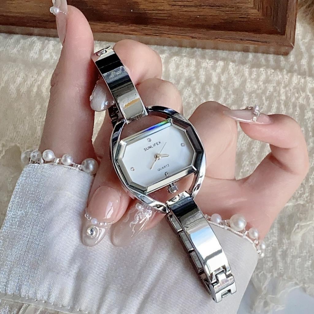 Minimalist Octagonal Rhinestone Dial Ladies Quartz Watch Thin Metal Bangle Elegant Daily Wrist Watch