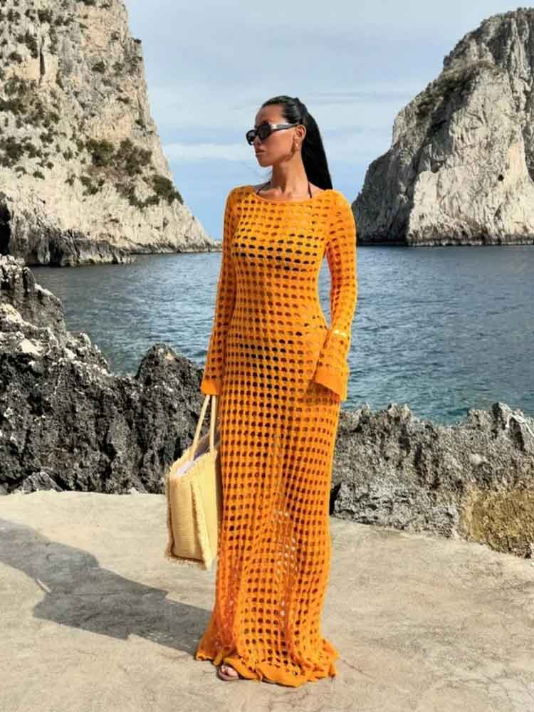EDOLYNSA Sexy Cut Out Bell Sleeve Solid Knit Crochet Beach Maxi Dress 2024 Women Summer Chic Swimsuit Cover Up Elegant Party Outfit K23