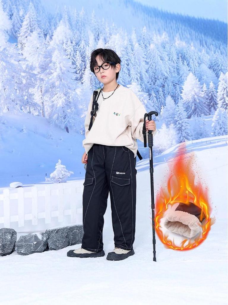 Chłopięce zimowe bawełniane spodnie z podszewką z polaru: Wiatroodporne, Ciepłe, Wodoodporne Luźne Spodnie Sportowe