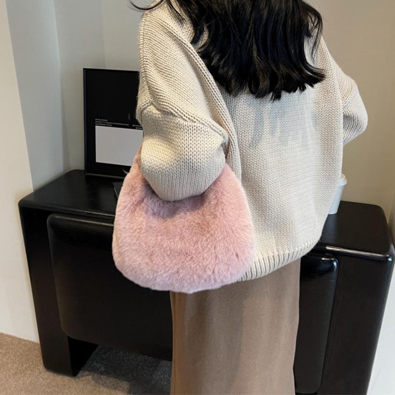 Fur Handbags Women's Small Half Moon Bag Warm Plush Wrist Bags Fashion Furry Short Handle Clutch Ladies Shoulder Bags
