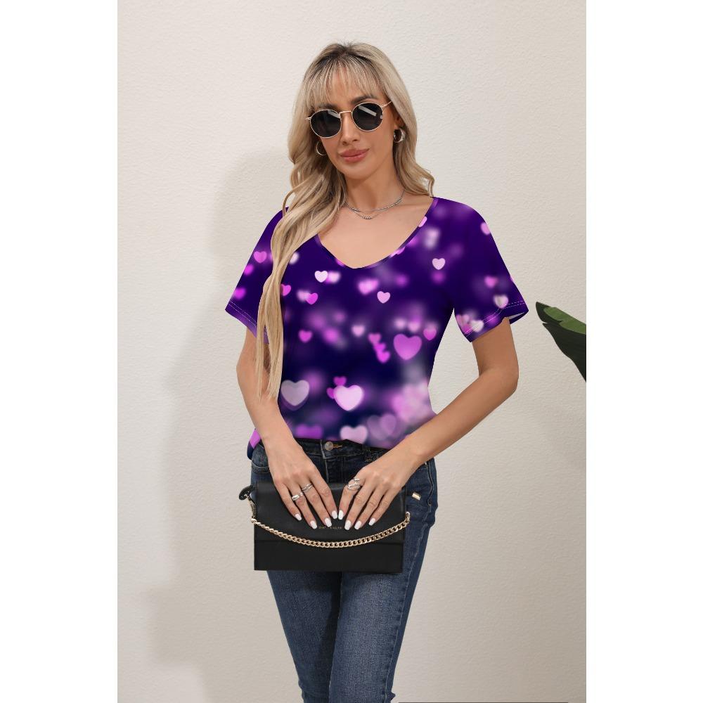 Women's T-shirts Summer Gradient Graphics Tops V Neck Fashion Female Vintage Clothing Floral Print