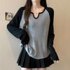Women's Autumn New Long-sleeved T-shirt for Women Loose Belly-covering Stitching Contrasting Color Sweet Top