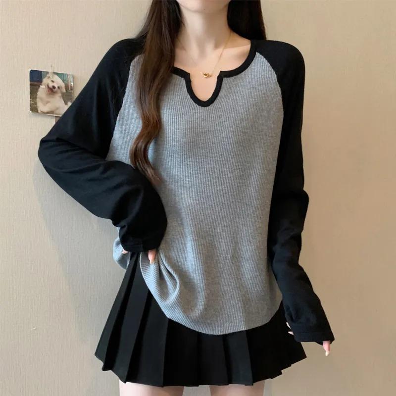 Women's Autumn New Long-sleeved T-shirt for Women Loose Belly-covering Stitching Contrasting Color Sweet Top