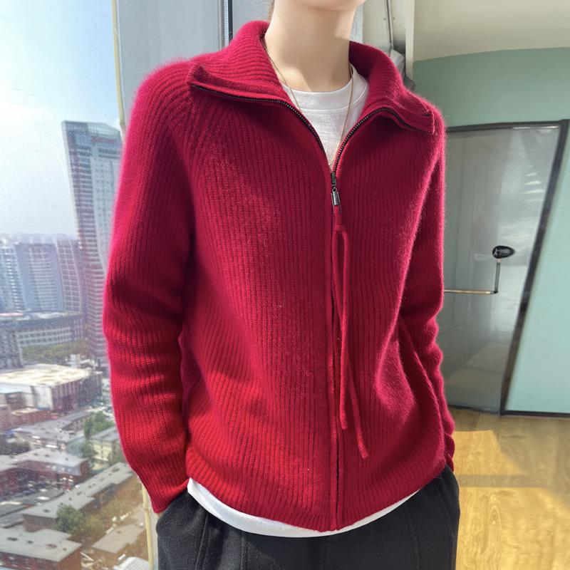 24 autumn and winter lazy wind turtleneck women's knitted cardigan women's zipper design sense niche lapel sweater jacket