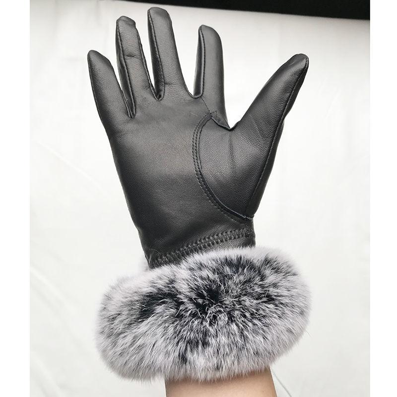 Women Winter Genuine Sheepskin Leather Glove With Rex Rabbit Fur Cuff Warm Winter Female Genuine Leather Gloves Hand Warmer