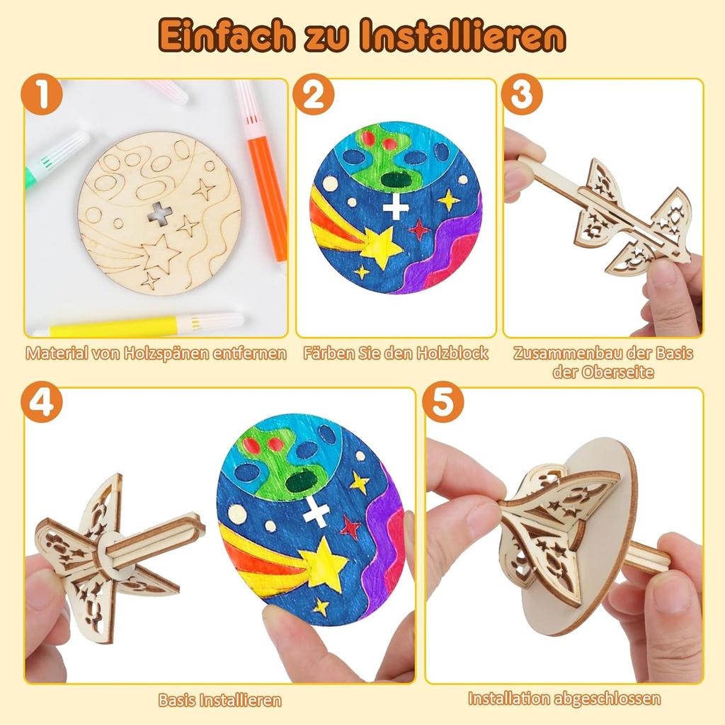 12 Pack Wooden Tops Set, Kids Craft Painting Toys, DIY Wood Spinning Tops for Boys and Girls Ages 5-9, Birthday Craft Kit