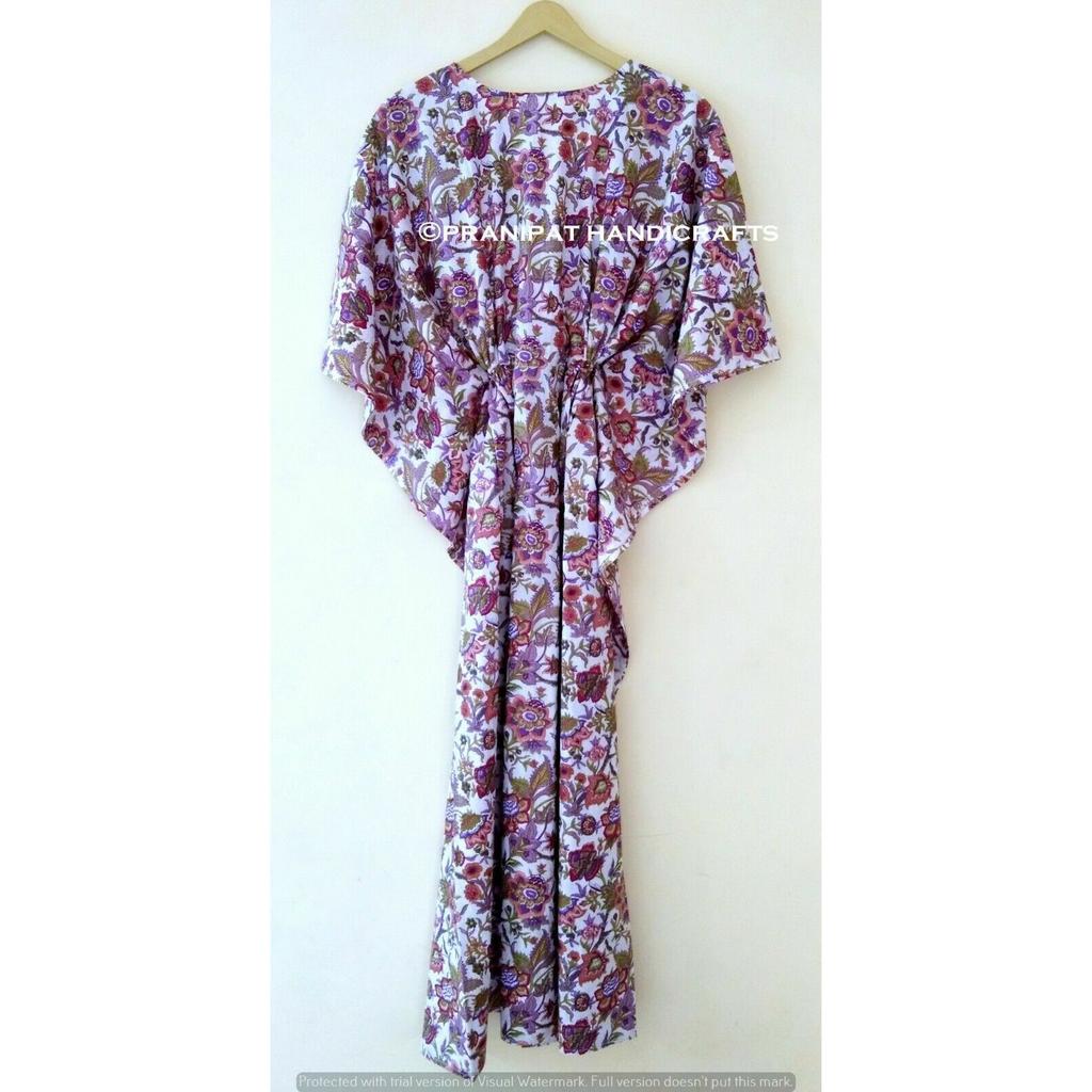 Indisches weißes langes Blumendruck-Baumwoll-Hippie-Maxi-Frauen-Nachtwäsche-Kaftan-Kleid CKFTN-SCRN-FULL-BUYIT-070