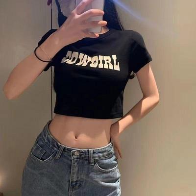 Retro Americký Hot Girl Crop Top s Krátkým Rukávem - Dámské Letní Zeštíhlující Tričko s Vysokým Pasem