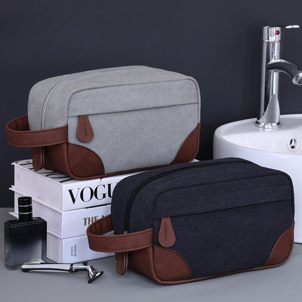 Large Capacity Leather Canvas Men Wash Shaving Women Toiletry Storage Waterproof Makeup Travel Organizer Retro Cosmetic Bag 2025