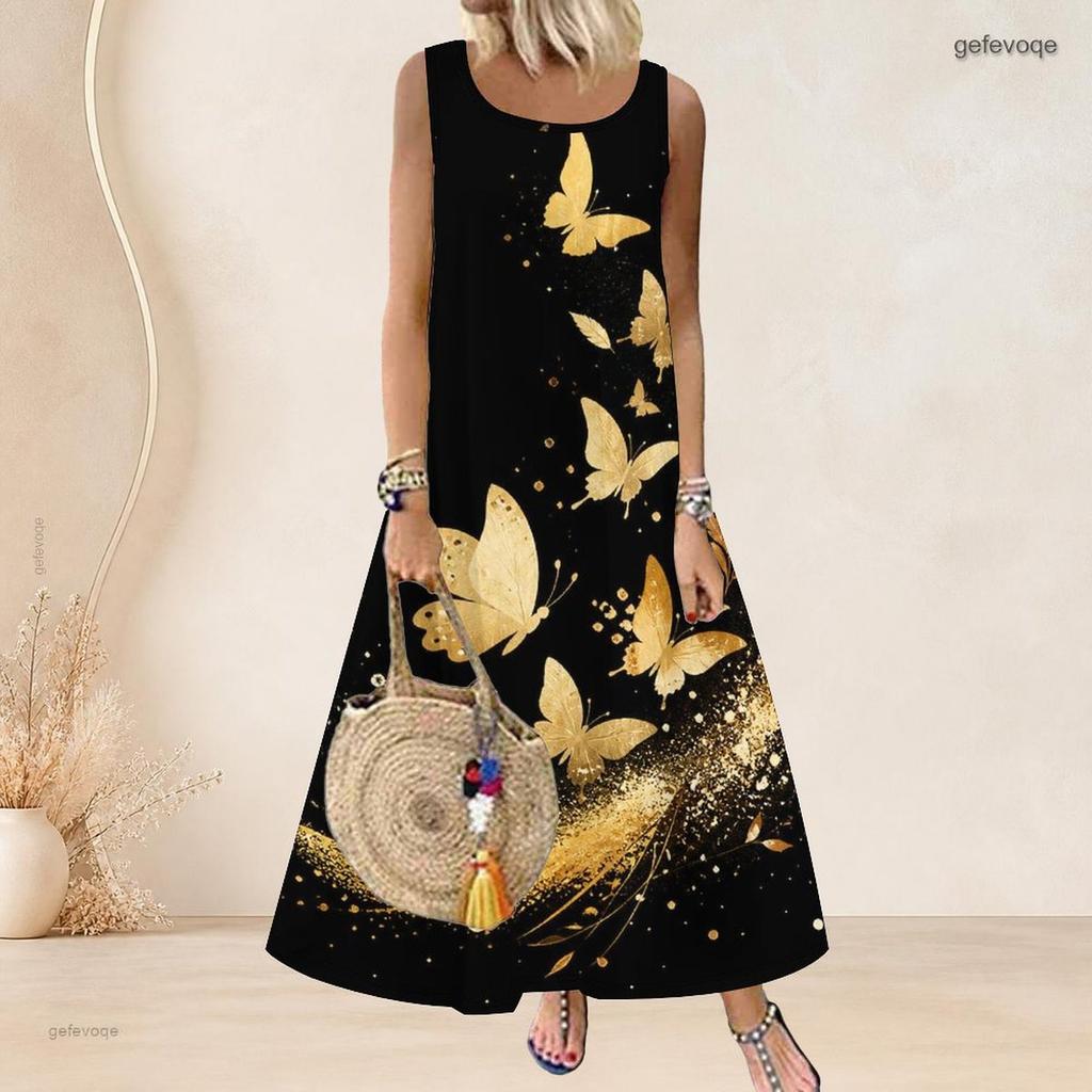 Women Plus Size Scoop Neck Sleeveless Purple Butterfly Printed A Line Maxi Dress