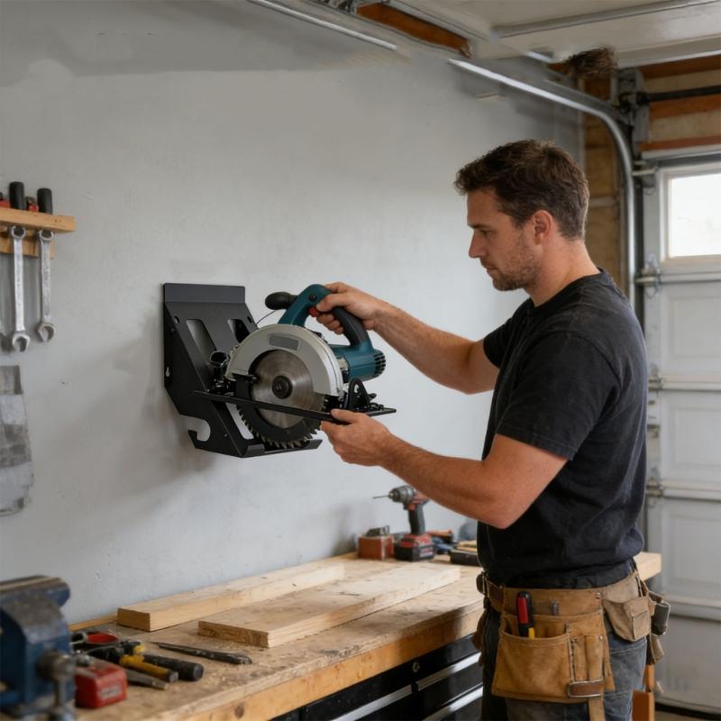 Universal Circular Saw Storage Rack Two Hole Design Compatible Multiple Saw Types Wall Mounted Metal Organizer
