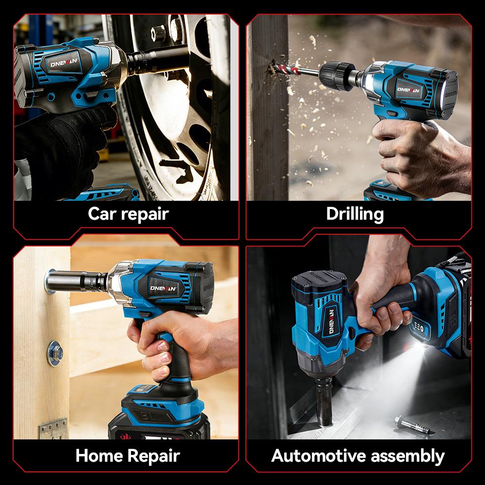 ONEVAN Bezuhlíková elektrická rázová utahovačka 3 funkce 1/2 palce Akumulátorový šroubovák Elektrická vrtačka pro baterii Makita 18V