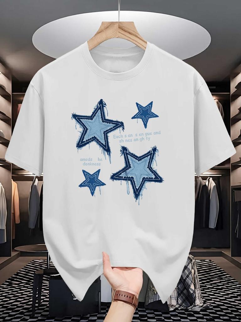 Unisex Orange Tee Retro Frayed Denim Star Letter Text Graphic Print Crew Neck Short Sleeve Summer Casual Male Cotton Streetwear Top