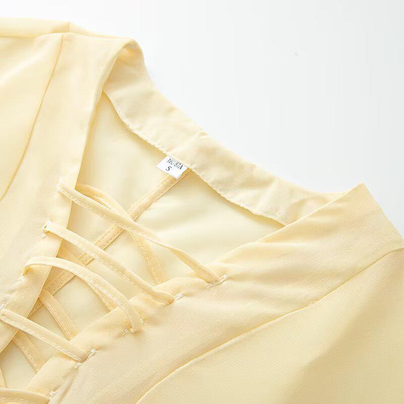 European & American Women's V-Neck Tie-Waist Fashion Casual Shirt