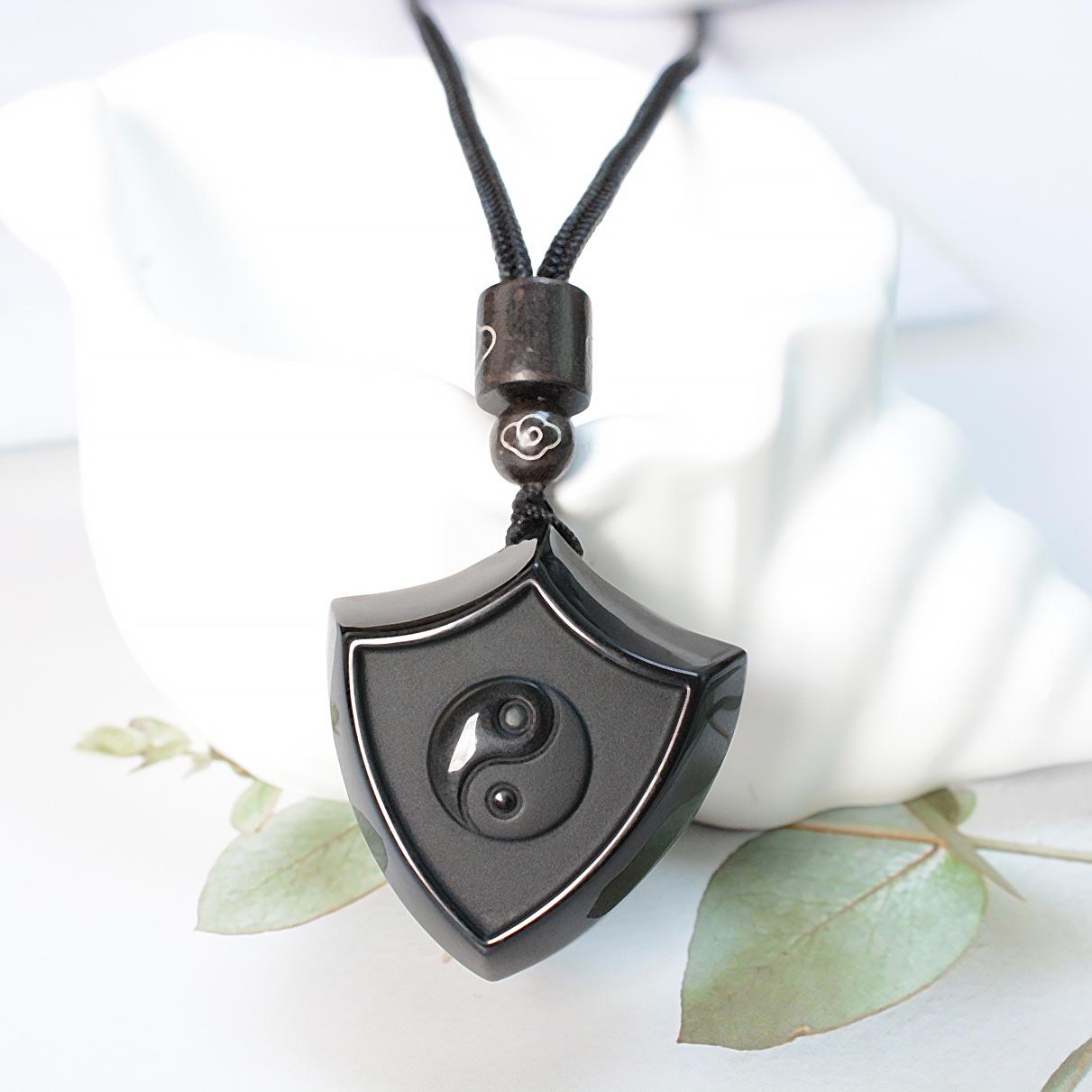 Obsidian Yin Yang Tai Chi Bagua Cross Necklace Pendant