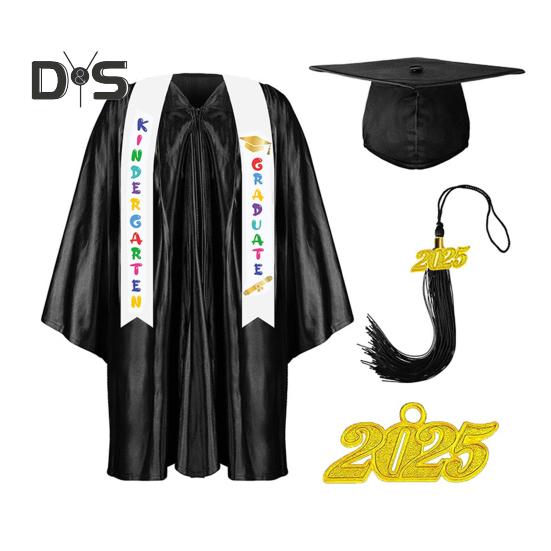 Kinder-Kindergarten-Abschlussuniform mit Quastenhut und Schal, V-Ausschnitt, knielang, lange Ärmel, Reißverschluss, Grundschul-Abschlussrobe für Kinder