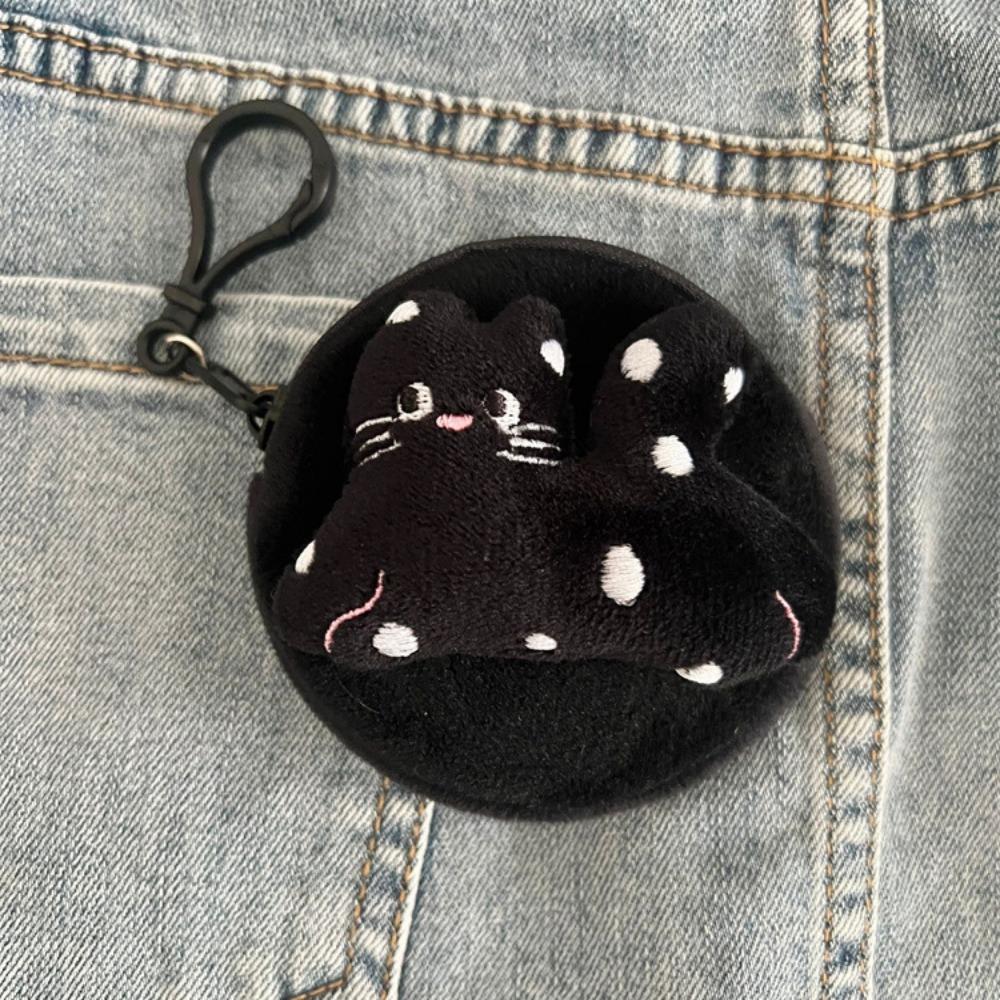 New Cute Anime Coin Purse Plush Round Earphone Storage Bag Portable with Black Pearls Mini Wallet Girly Gift