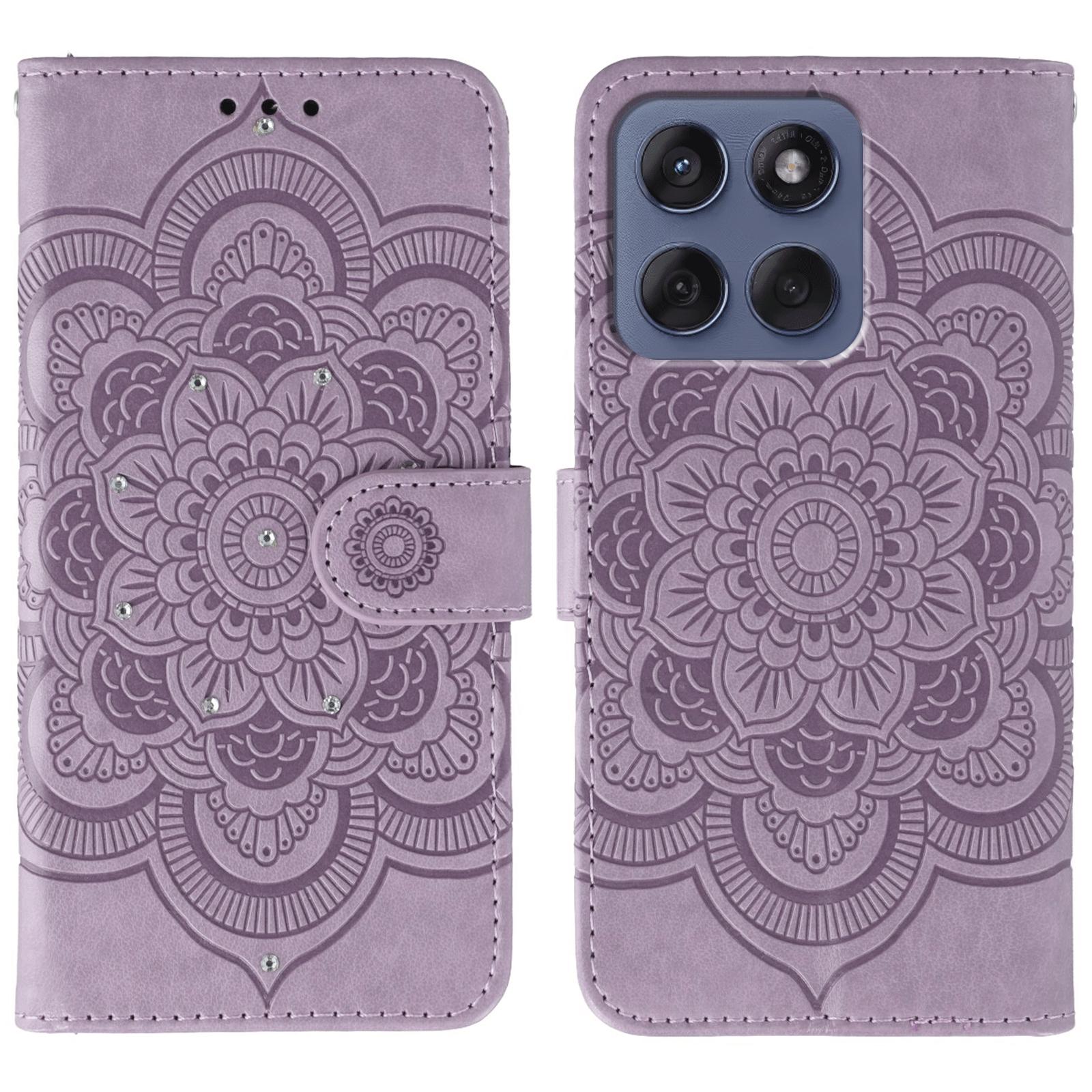 

For Motorola Edge 60 Fusion 5G/Edge 60 5G Case Rhinestone Decor PU Leather Mandala Imprinted Design Phone Cover with Wrist Strap Purple