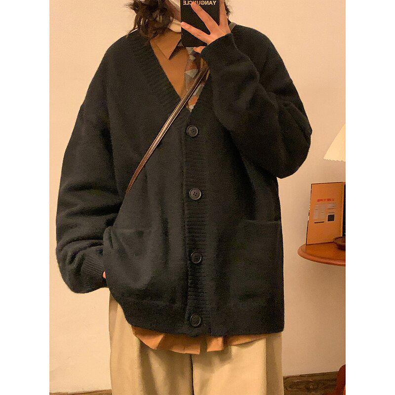 

Унисекс Кардиган свободного кроя с V-образным вырезом для подростков - Осенне-зимний вязаный трендовый свитер для мужчин и женщин XL чёрный