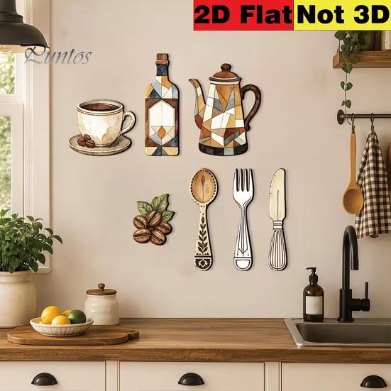 Retro Kitchen Decorations 7Pcs Farmhouse Coffee Themed Wooden Wall Decor, 2D Flat Art Theme Plaques, Rustic Ornaments for Home Dining Room Cafe
