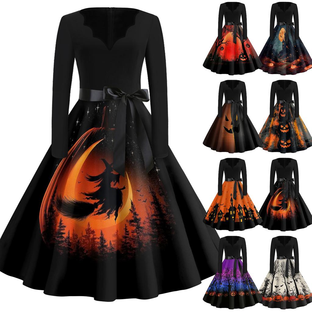 Women's Vintage V Neck Long Sleeve Halloween Print Casual Dress with Flared Skirt and Waist Tie for Seasonal Events