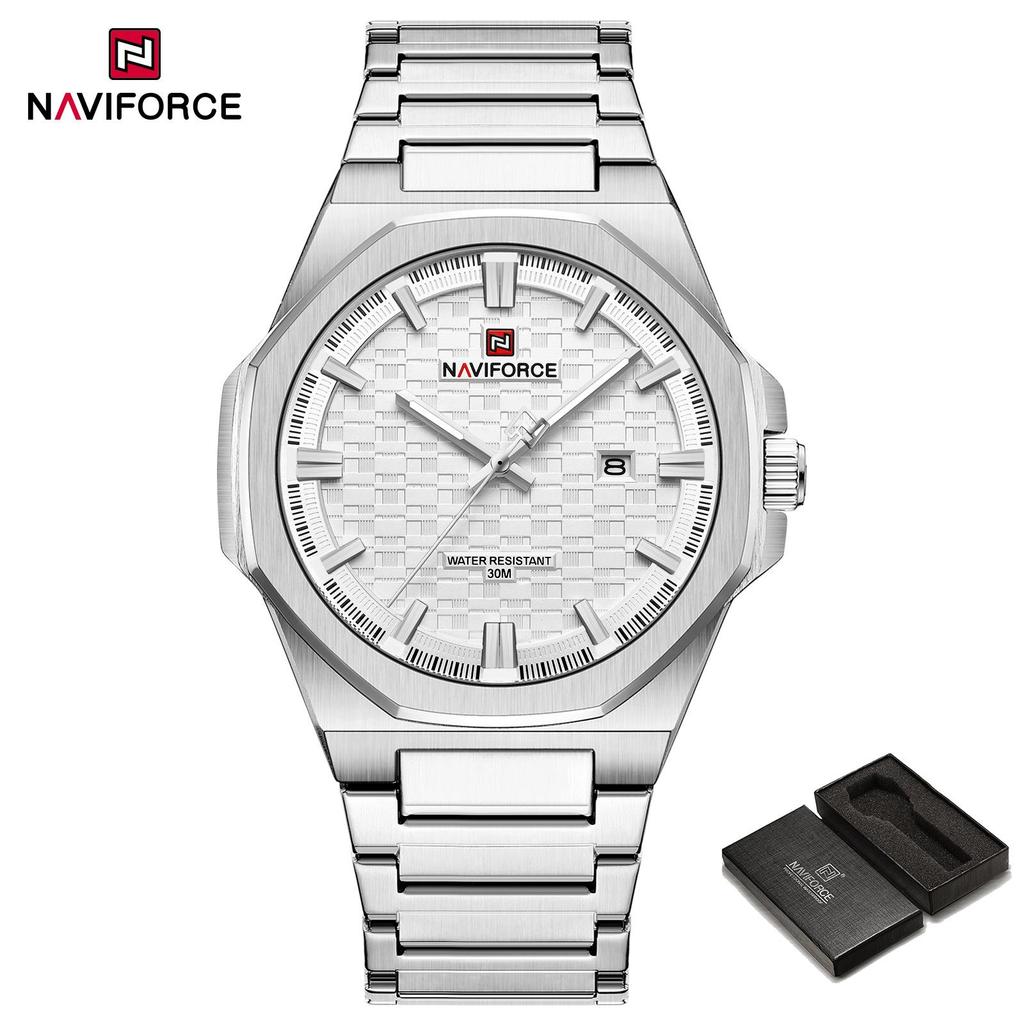 NAVIFORCE Simple Watch for Men Stainless Steel Strap Calendar Movement Luminous Pointer Waterproof 3ATM Casual Fashion Men's Watch NF9245