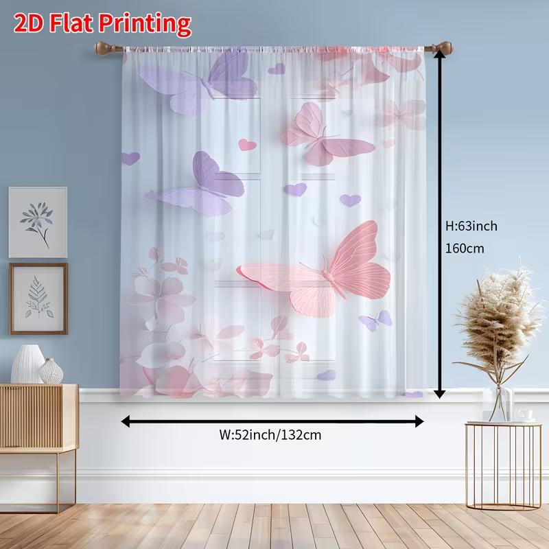 2PCS Pink & Purple Butterfly & Heart Sheer Curtains - Dreamy Fairy Window Drapes for Girls' Bedroom