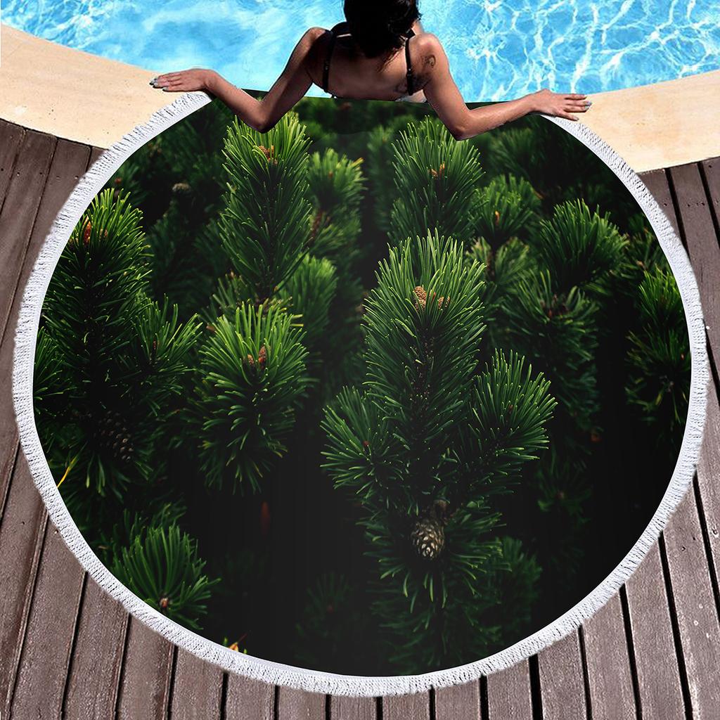 Pine Tree Printed Round Beach Towel with Tassels, Microfiber Beach Blanket, Absorbent Quick Dry Pool Towel Portable Picnic Mat