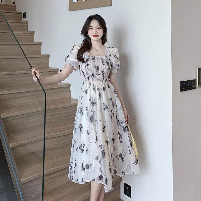 2026 Women's French Floral Puff Sleeve Summer Dress: New Style, Fresh & Gentle, Waist-Cinched, Slimming Skirt