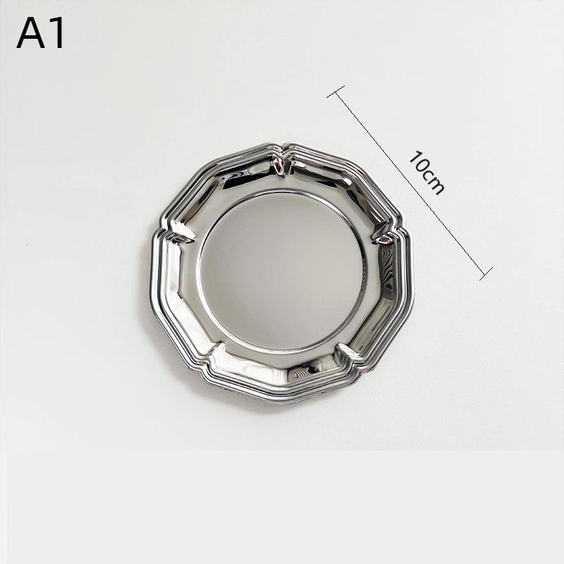 Silver Stainless Steel Cake Tray Round Mirror Surface Dessert Plate for Restaurant Buffet Food Display