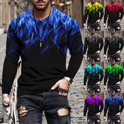 T-shirt Casual da Uomo a Manica Lunga con Fantasia Fiamme Girocollo Pullover Leggera Vestibilità Comoda per l'Uso Quotidiano