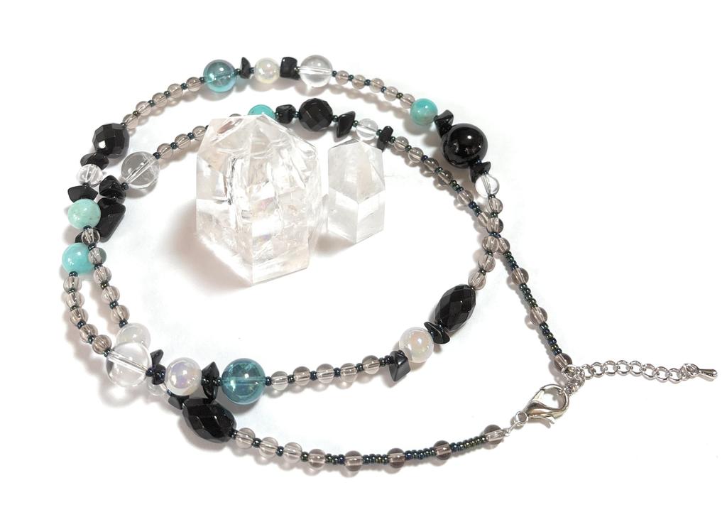[Malline] Natural Stone Long Necklace, Onyx, Amazonite, Cosmo Aura, Length: Approx. 63cm + 5cm Adjuster, Handmade [Hope and Harmony] (Easy To Put On