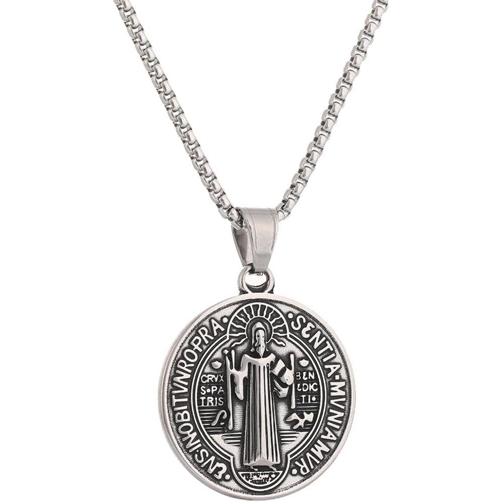 St Benedict Exorcism Medal Necklace - Stainless Steel Christian Catholic Roman Cross Pendant - Patron Saint Amulet Medal Religion Jewelry