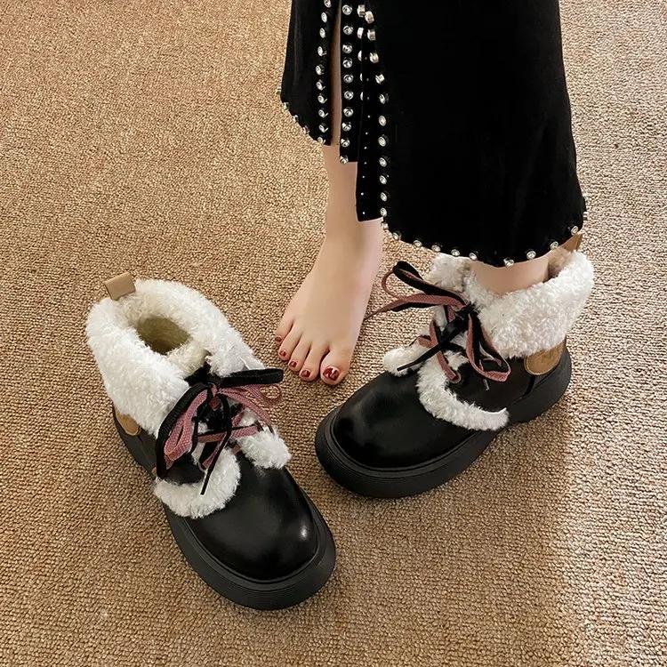 Fashion Snow Ankle Boots for Women Winter New College Style Small Leather Booties with Plush Insulation and Cute Round Toe Cotton Shoes