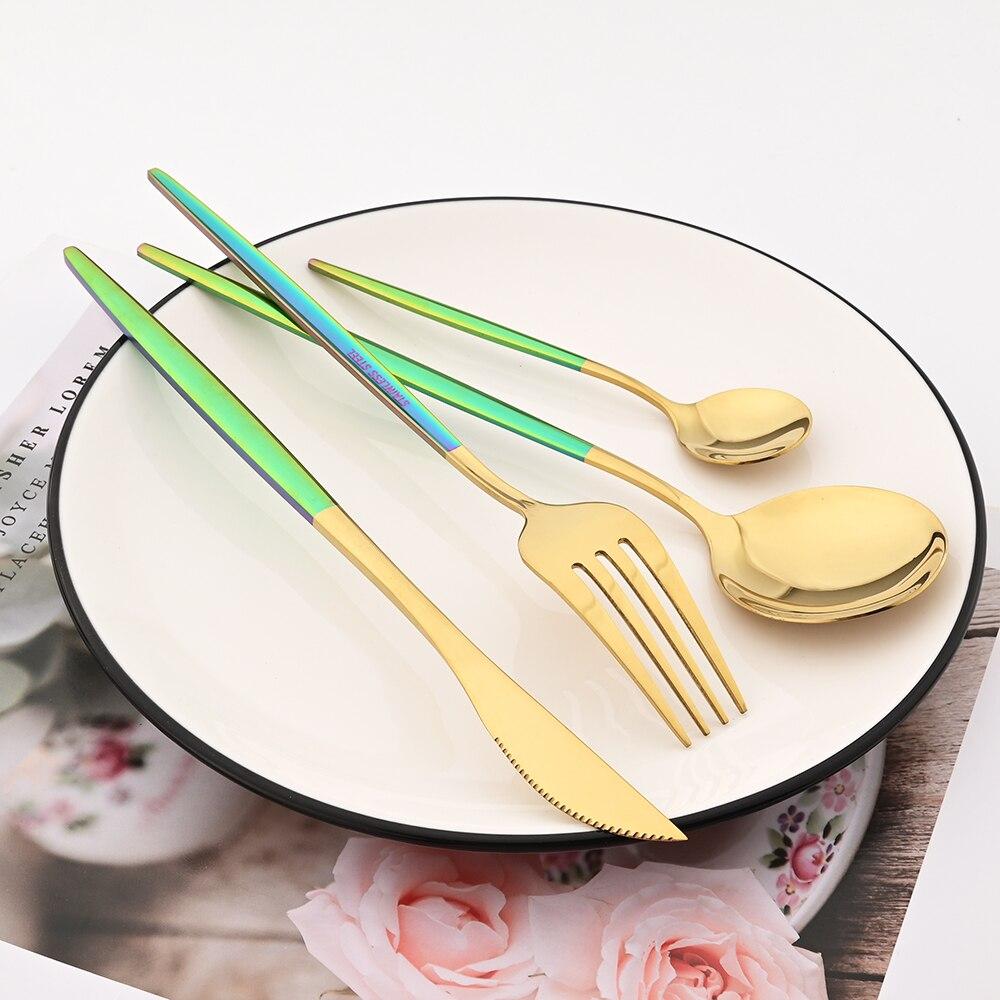 24Pcs Tableware Set Stainless Steel Dinnerware Knife Fork Spoon Dinner Flatware Kitchen Colorful Elegant Black Gold Cutlery Set