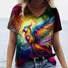 Colorful Animal Bird 3D Digital Printed Women's Casual and Comfortable V-neck Short Sleeved T-shirt
