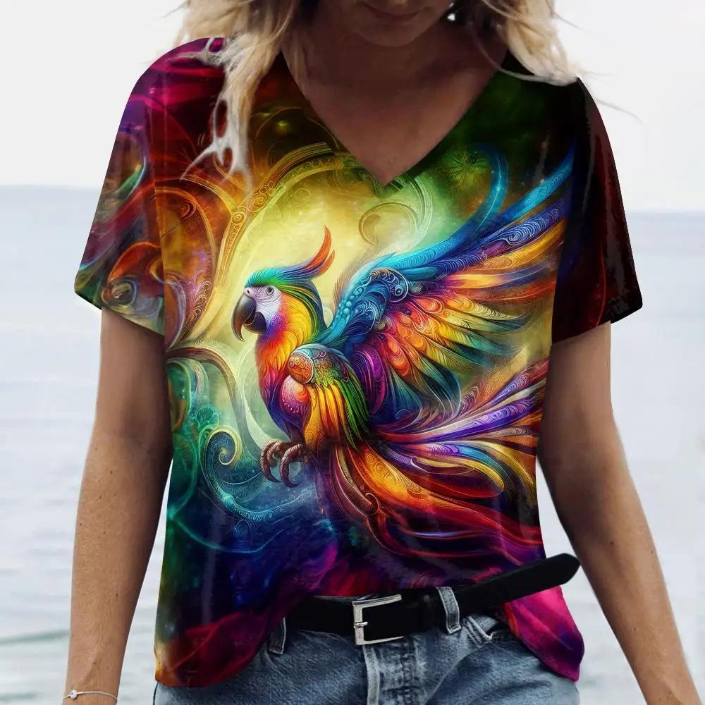 Summer Fashion Bird Parrot 3D Print T-Shirts Women V-Neck Short Sleeve T Shirt Y2k Tops Tees Oversized Harajuku Woman Clothing