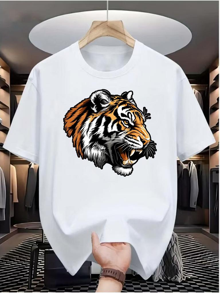 European size Tiger Print Men's Casual Digital Print T-Shirt, Round Neck, Short Sleeve, Street Hip-Hop Style, Summer European American Fashion Trend