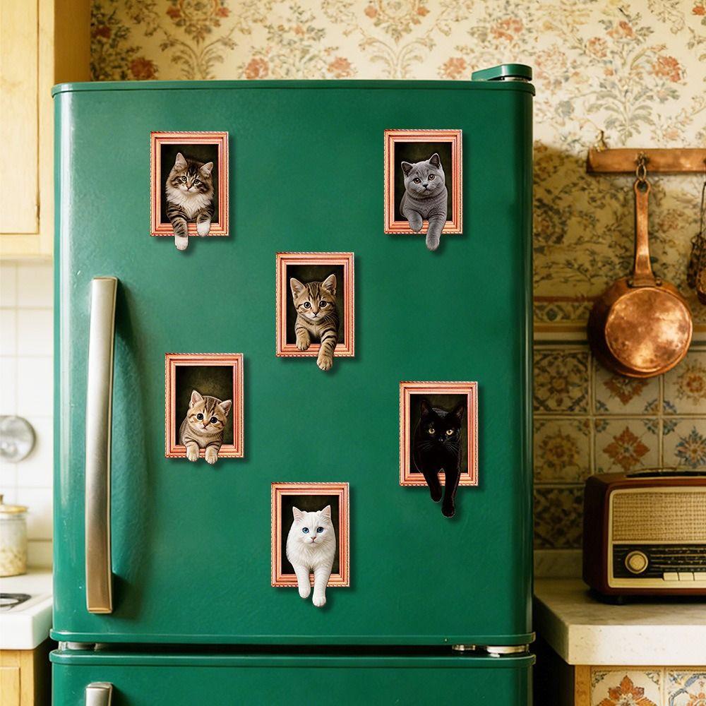 Oil Painting Style Wooden Frame Fridge Magnets 3D Wacky Cat Refrigerator Magnets Home Decoration