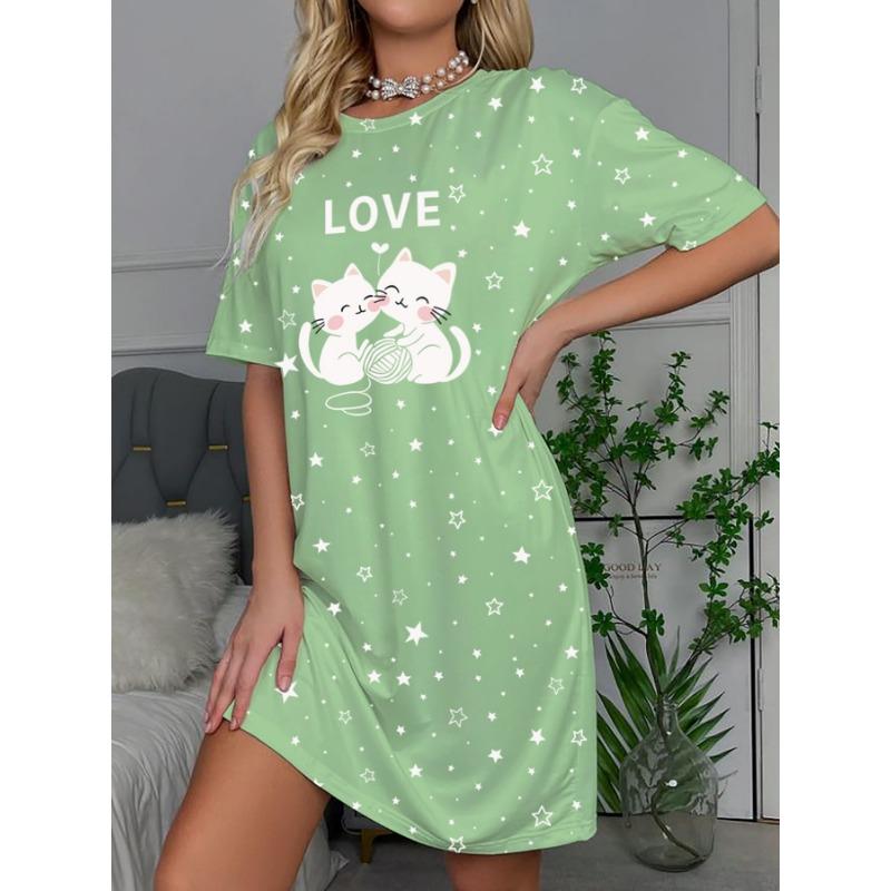 A Lovely Dress for Women Featuring a Cat And Star Letter Print Short-Sleeve Round-Neck T-Shirt Dress Is Adorned with Stars