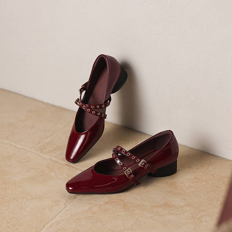Krazing Pot Genuine Leather Square Toe Low Heels Summer Shoes Big Size 42 Buckle Straps Women Shallow Pumps