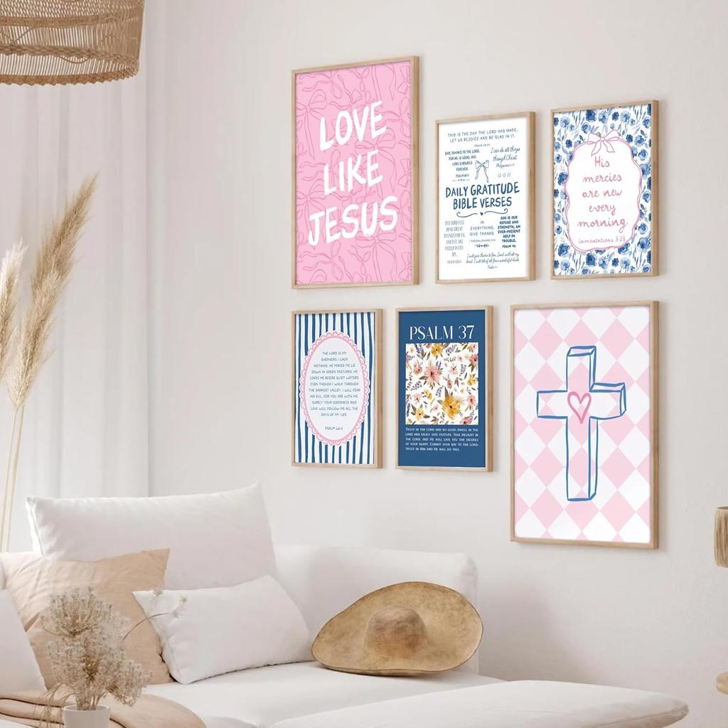 6Pcs Pink Blue Christian Wall Art Bow Bible Verse Floral Canvas Wall Decor Religious Pictures Jesus Scripture Poster Prints Trendy Preppy Painting