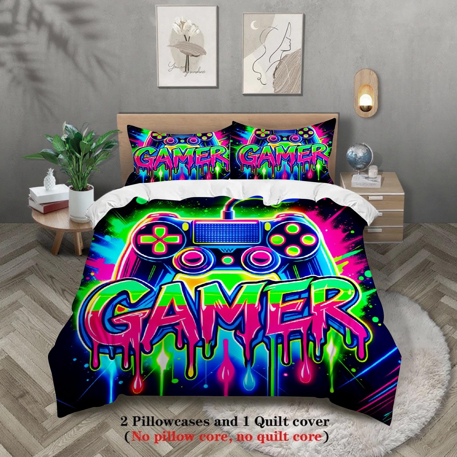 

3PCS Neon Graffiti Gaming Controller Duvet Cover Set Vibrant Gaming Bedding for Teen Boys No Insert Queen Size Trendy Room Decor 135x200cm