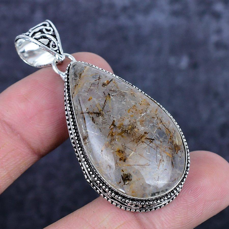 Natural Copper Rutile Gemstone 925 Sterling Silver Jewelry Pendant 2.25" ETC-14307