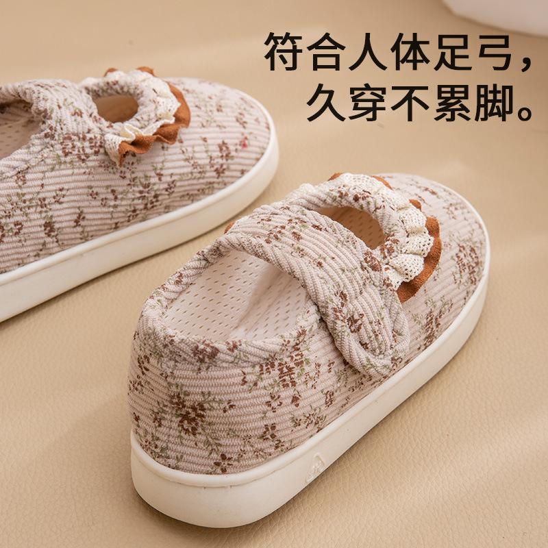 Cotton Boots Thin Shoes Retro Bow Pregnant Women Spring and Summer Comfortable Cotton Shoes Heel Bag Summer Lace Home