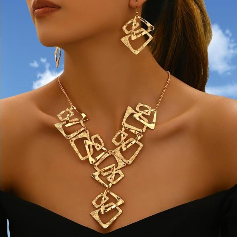 

Vintage irregular square triangular splicing pendant Y-shaped necklace earring set золотий
