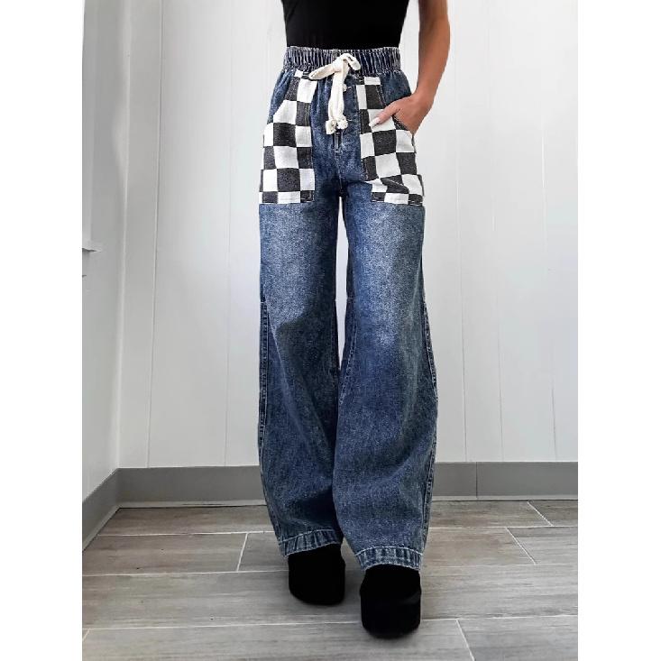 2026 Spring New Arrival: Fashionable Casual Loose Plaid Contrast Color Women s Denim Trousers S